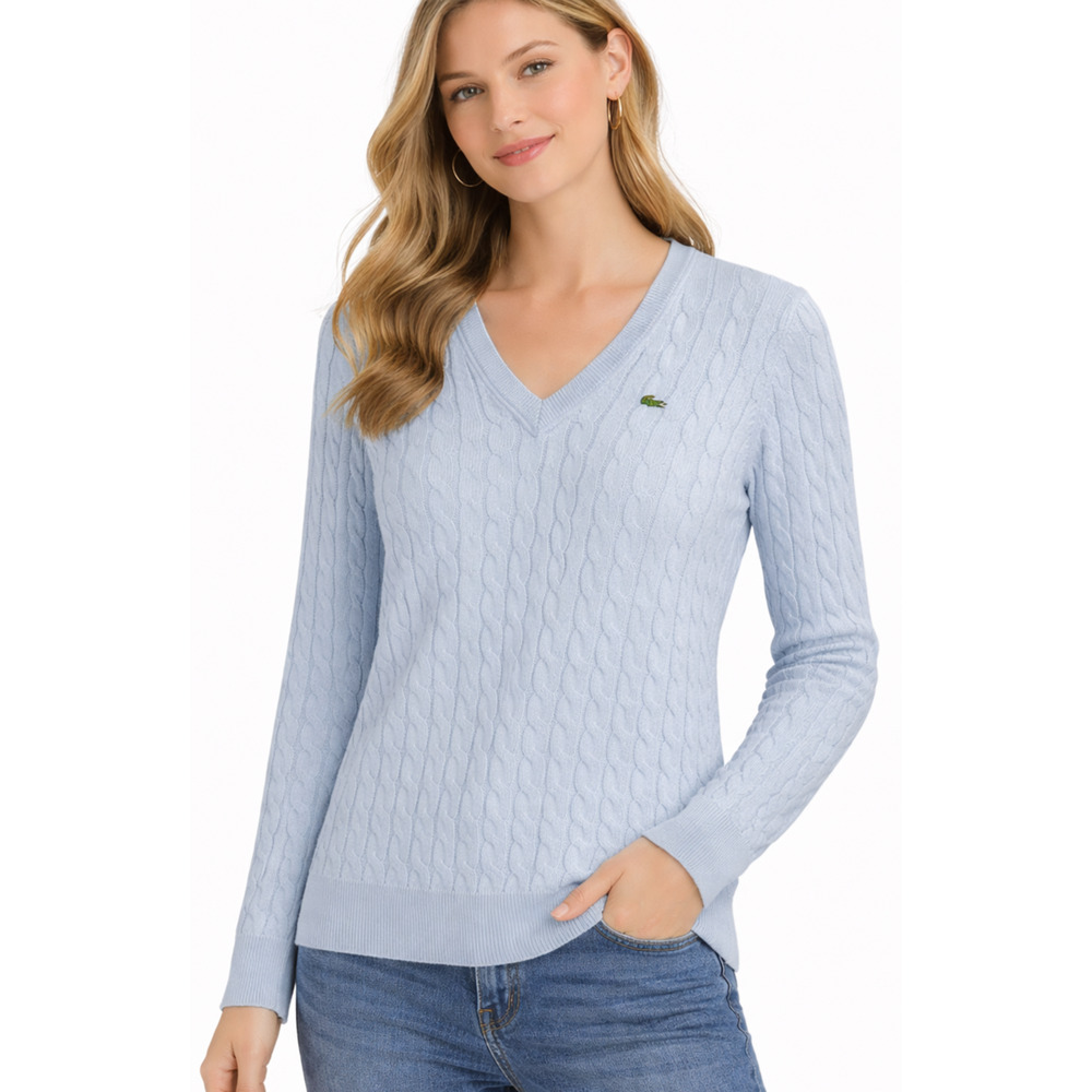 Lacoste Blue Cable Knit Sweater Womens 8-10 EU 40 V Neck Logo Preppy Cotton